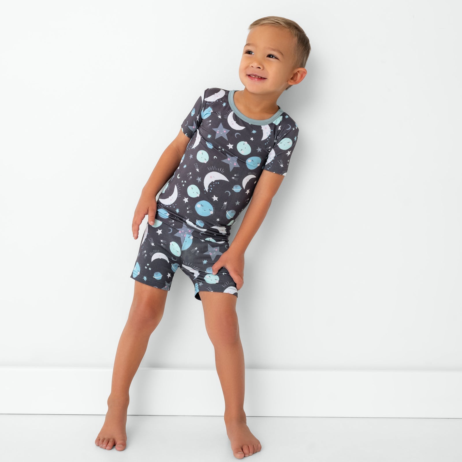 Blue To the Moon & Back Two-Piece Short Sleeve & Shorts Pajama Set