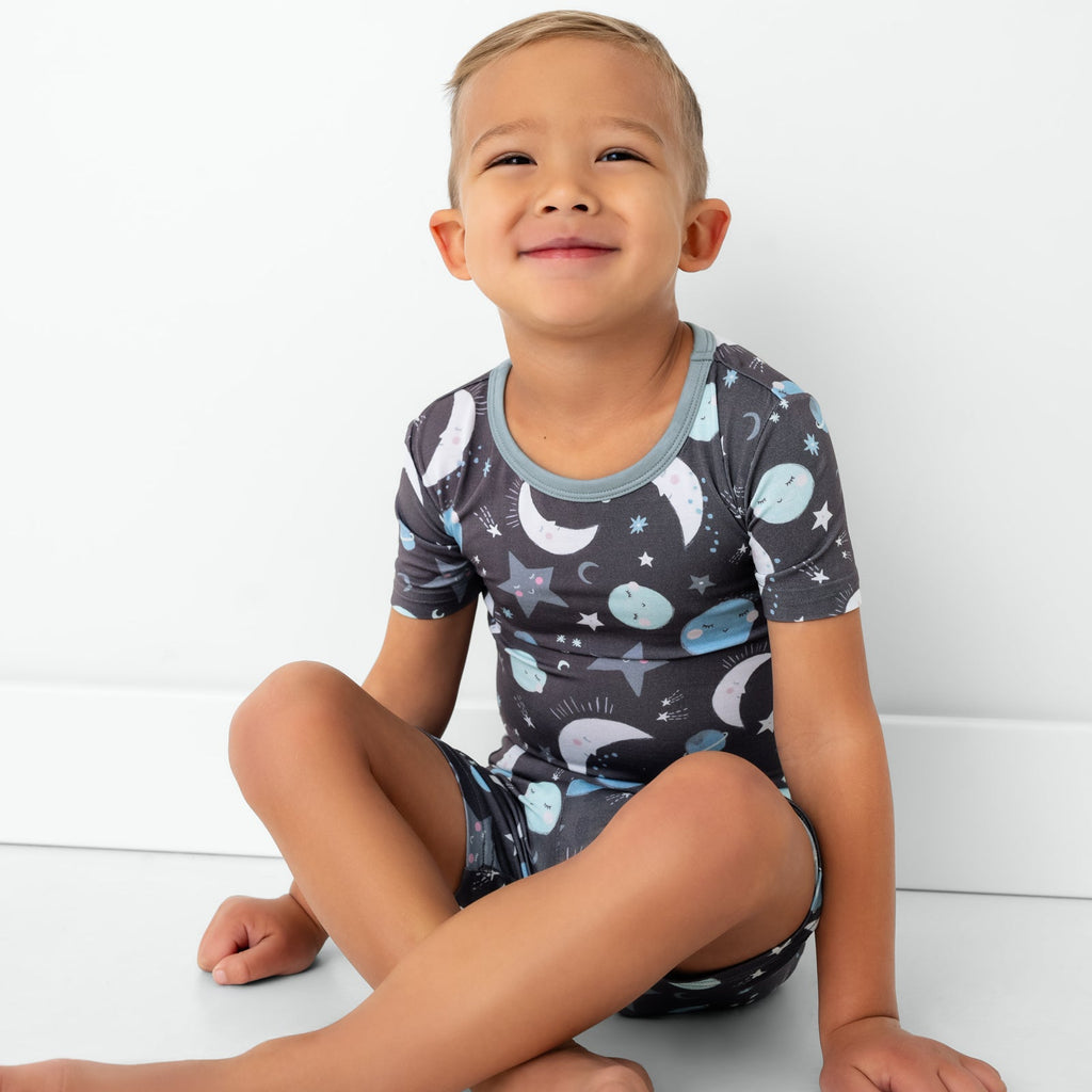 Blue To the Moon & Back Two-Piece Short Sleeve & Shorts Pajama Set