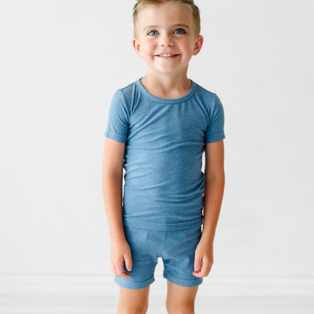 Heather Blue Ribbed Two-Piece Short Sleeve & Shorts Pajama Set