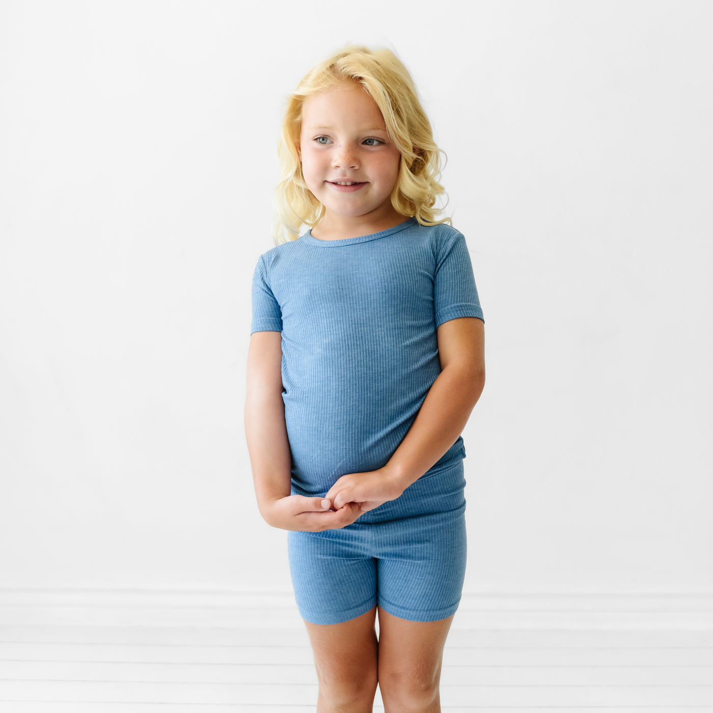 Heather Blue Ribbed Two-Piece Short Sleeve & Shorts Pajama Set