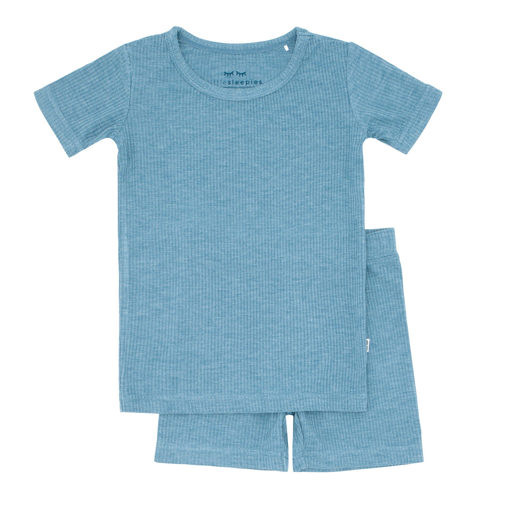 Heather Blue Ribbed Two-Piece Short Sleeve & Shorts Pajama Set