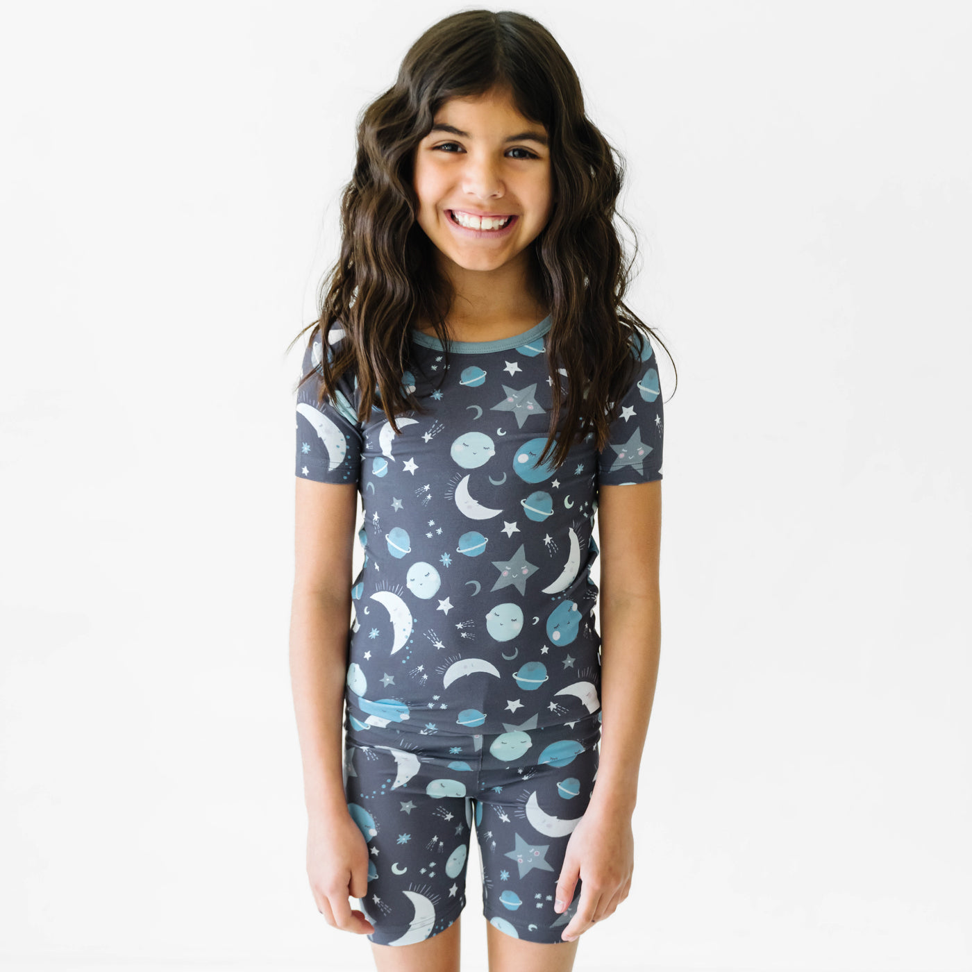 Blue To the Moon & Back Two-Piece Short Sleeve & Shorts Pajama Set