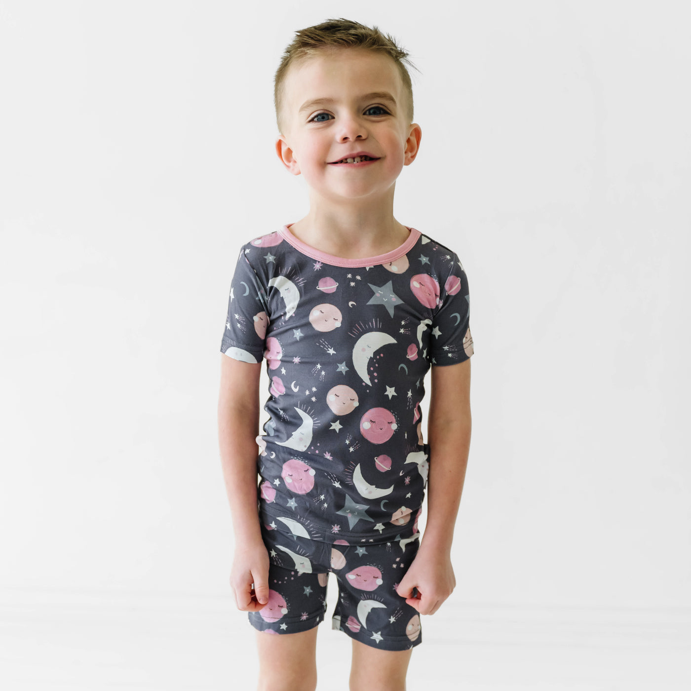 Pink To the Moon & Back Two-Piece Short Sleeve & Shorts Pajama Set